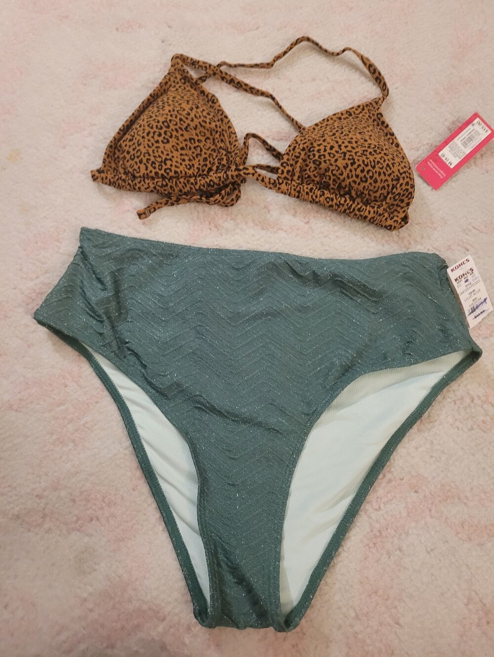 Xhilaration Leopard Triangle Bikini Top with Kohl's Green High-Waist Swim Bottom